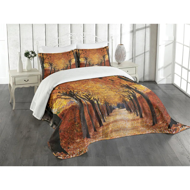 Ambesonne Ambesonne Autumn Bedspread Set Pathway in the Woods Orange Brown