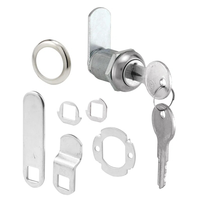 Prime-Line Diecast Keyed Alike Drawer and Cabinet Lock  3 Cams, Trim Collar, 2 Washers, 2 Keys and Fasteners  7/8 In. Length for 9/16 In. Max Panel Thickness, Stainless Steel (1 Set)