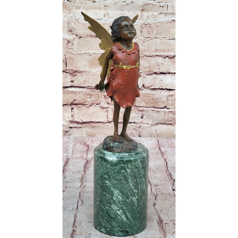 Trinx Kallem Hot Cast Bronze Young Fairy Girl Winged Angel Figure Sculpture On Green Marble Base