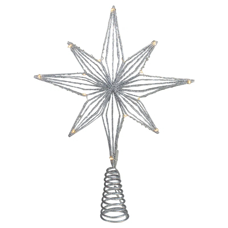 Northlight Seasonal 13.75" LED Lighted B/O Silver Glittered Geometric Star Christmas Tree Topper - Warm White Lights