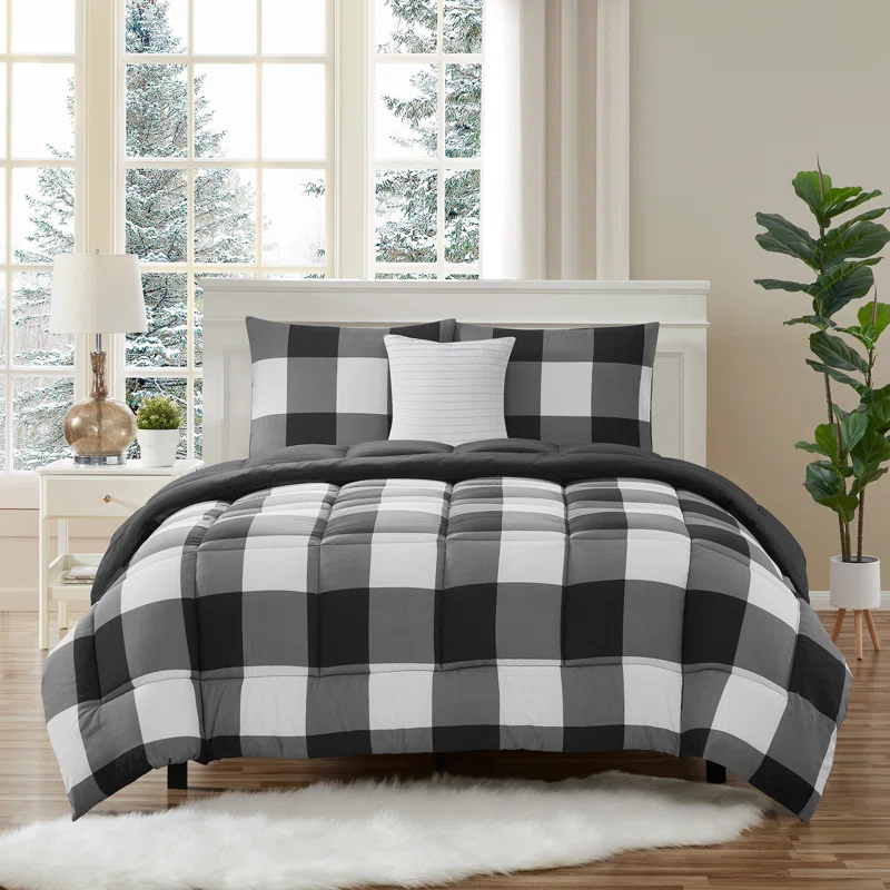 Sweet Home Collection 4 Piece Buffalo Plaid Printed Comforter, Shams & Throw Pillow Set