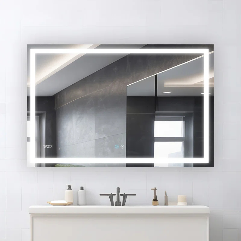 AQUADOM Daytona LED Wall-Mount Mirror for Bathroom with 3 Color Lighting, Touch Control, Dimmer and Defogger, Digital Clock