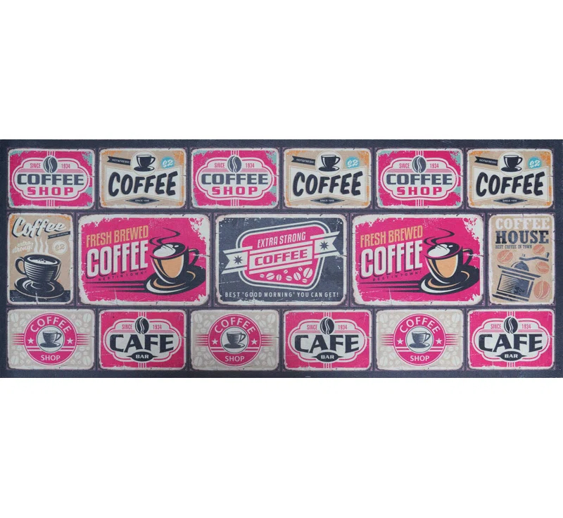 Trinx Castlehaven Coffee Label Tiles Kitchen Mat