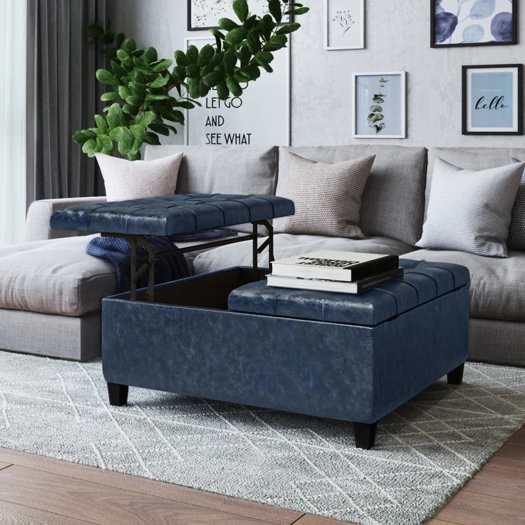 Simpli Home Harrison 36"W Upholstered Square Coffee Table Storage Ottoman with Split Lift Top