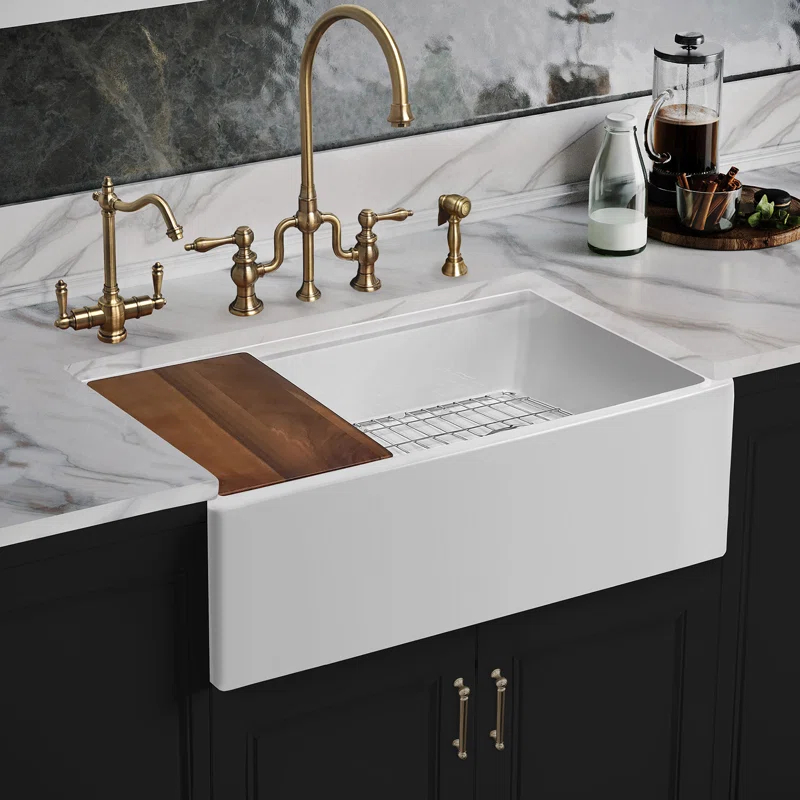Whitehaus Collection Front Apron Single Bowl Fireclay Kitchen Sinks with Cutting Board and Grid