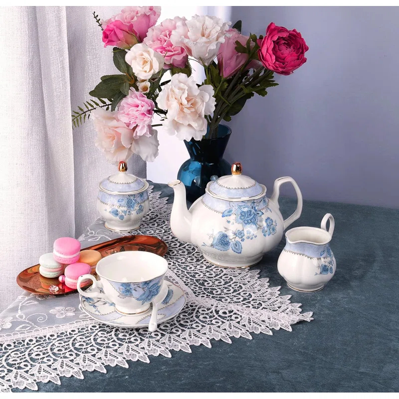DOFLIC Porcelain Tea Set, Tea Cup and Saucer Set Service for 6, Wedding Tea Set