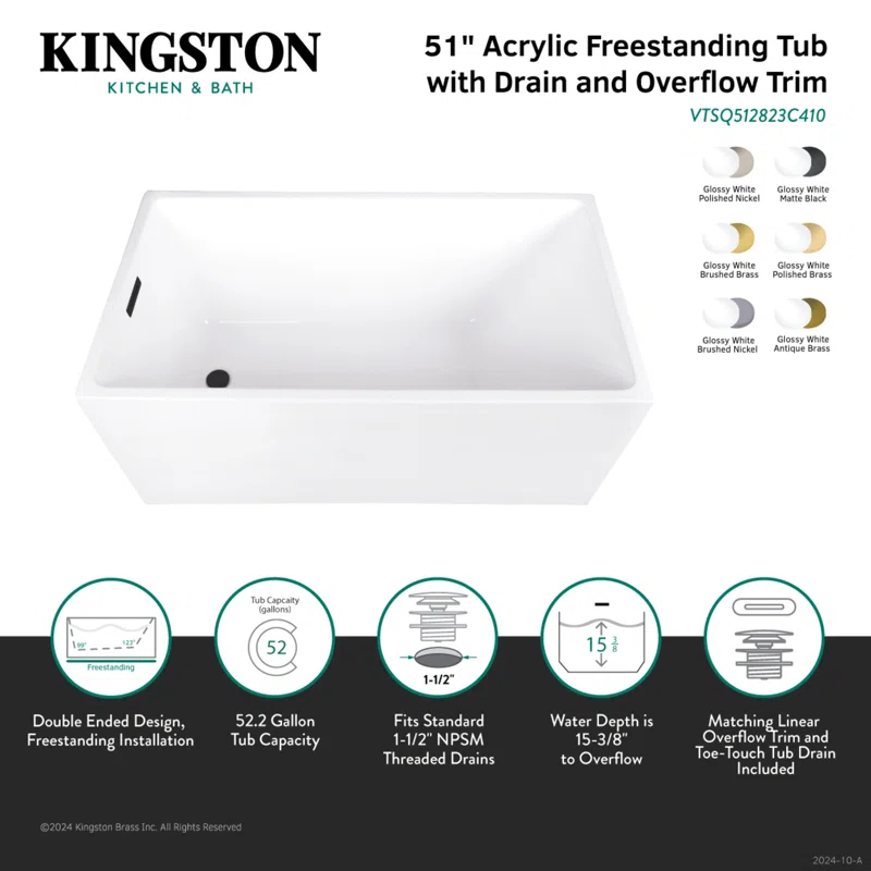 Kingston Brass Kingston Brass Aqua Eden 51-Inch Acrylic Rectangular Double Ended Freestanding Tub With Drain VTSQ512823C412