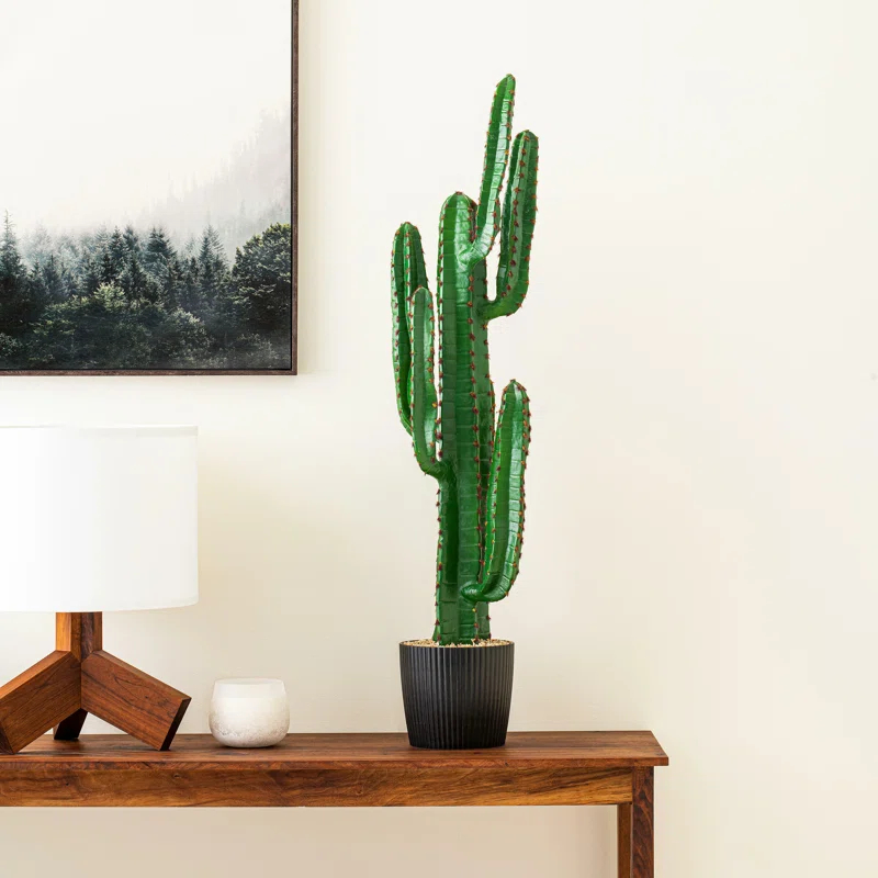 Williston Forge 45" Artificial Green Finger Cactus in 8" Black Pot