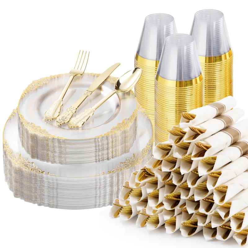 Rosdorf Park Plastic Plates,Disposable,Party,Thanksgiving,350PCS,100 Rim Plates,50 ware,50Napkins