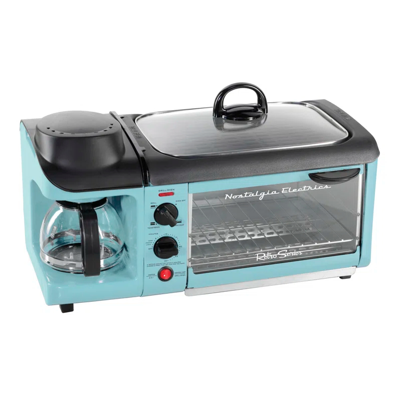 Nostalgia Retro 3-in-1 Family Size Electric Breakfast Station, Coffeemaker, Griddle, Toaster Oven, Aqua