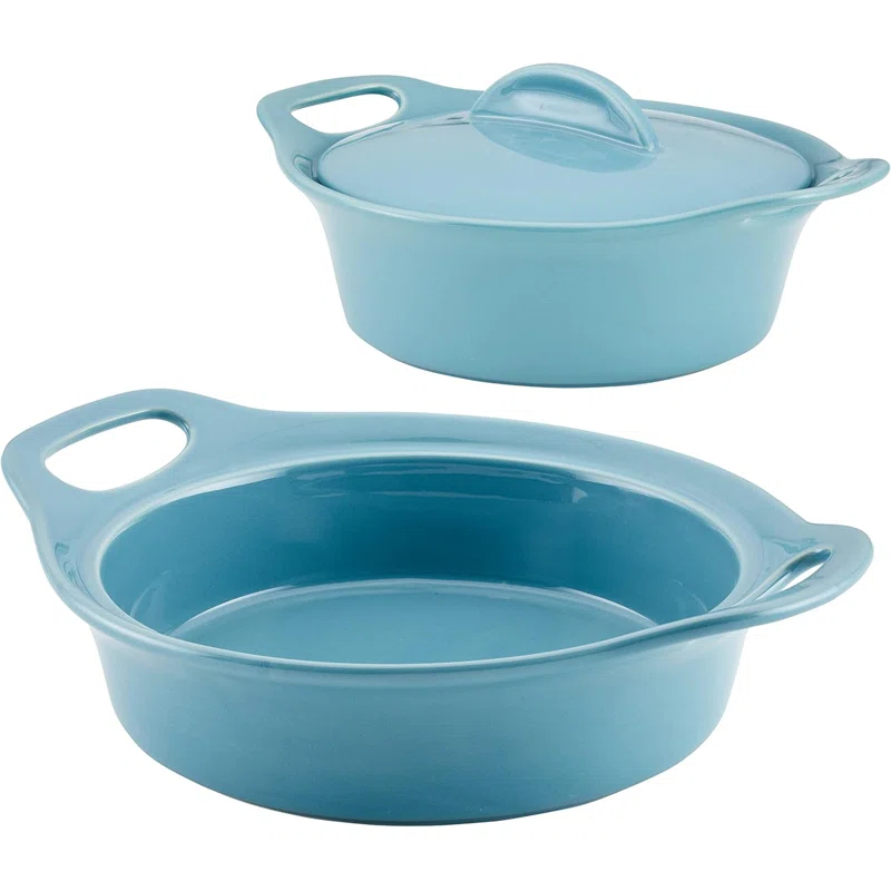 Adeco Trading Solid Glaze Ceramics Casserole Bakeware/Baker Set With Shared Lid, 3 Piece