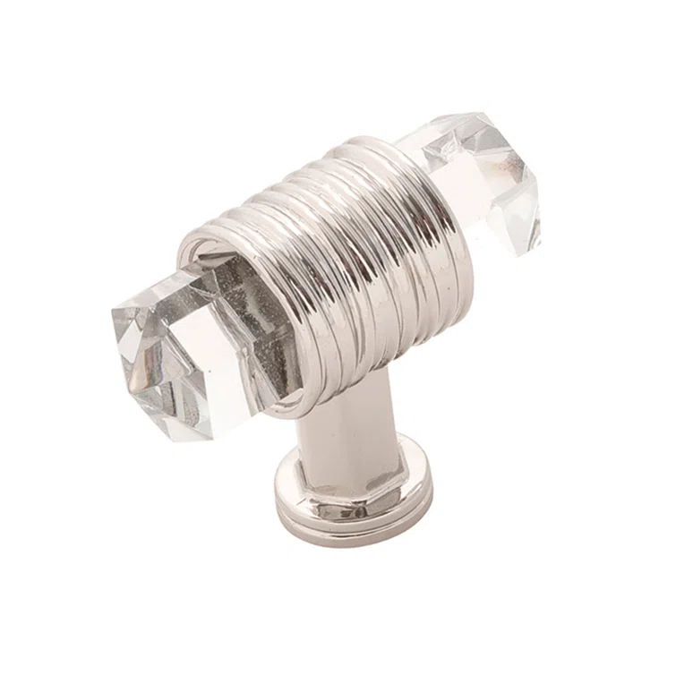 Polished Nickel and Glass T-Handle Knob with Mounting Hardware