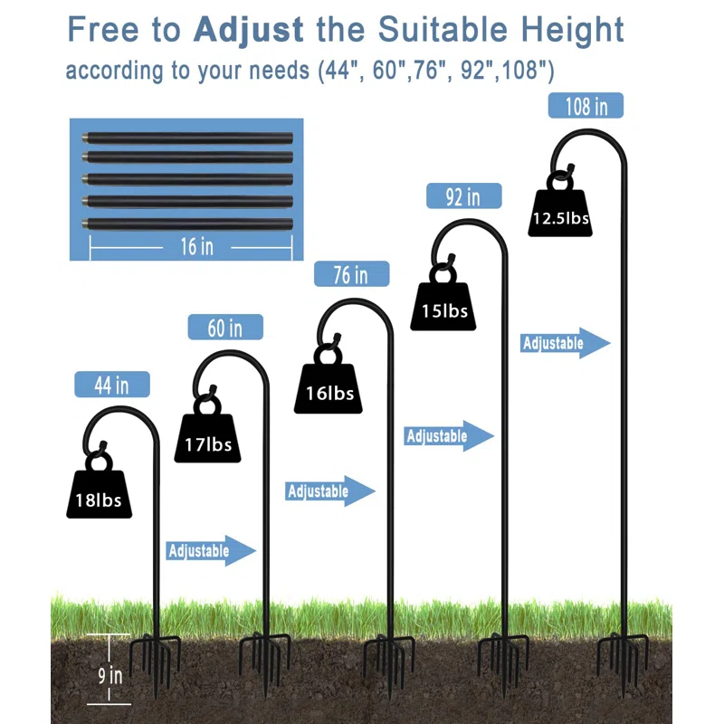 Arlmont & Co. Velsie 108 Inch Outdoor Shepherd Hook With 7 Prong Base (1 Pack), Adjustable Heavy Duty Garden Hanging Stake , Matte Black