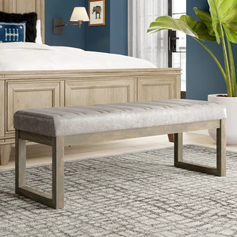 Simpli Home Casey 48"W Distressed Vegan Leather Ottoman Bench with Quilted Vertical Stitching