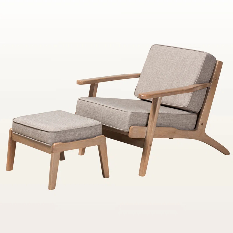 George Oliver Emsworth Mid-Century Modern 2-Piece Antique Oak Finished Armchair and Ottoman Set in Light Grey Fabric