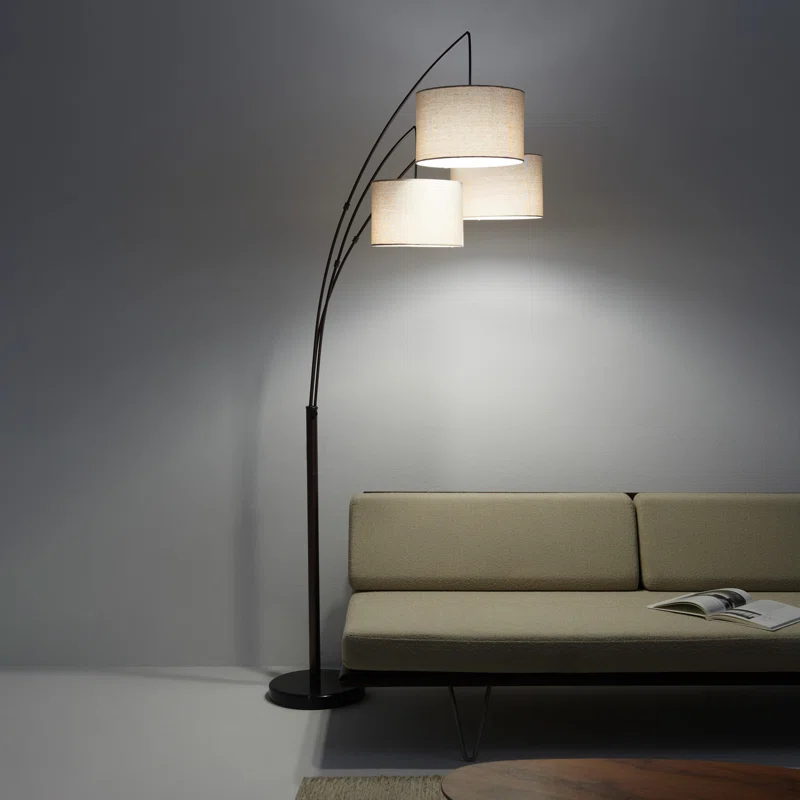 Brightech Trilage 84 in. Mid-Century Modern 3-Light Adjustable LED Arched Standing Floor Lamp with 3 Fabric Drum Shades
