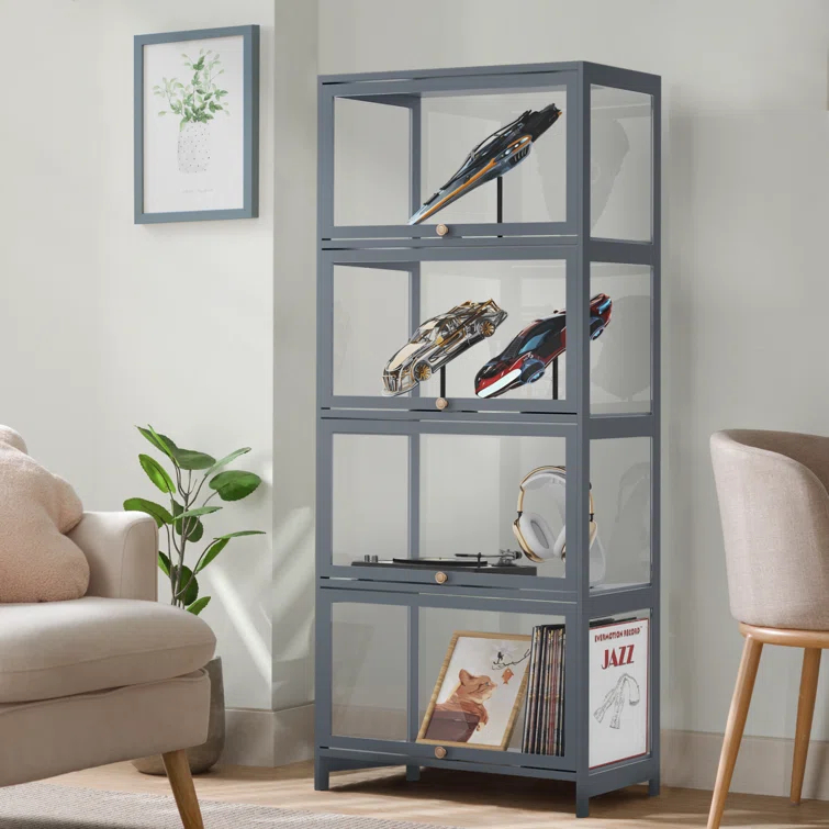 Magshion Modern 55" 4-Tier Transparent Display Cabinet Floor Standing Showcase With Flip-Up Door, Ideal For Living Room, Bedroom, Or Office Curio Collection