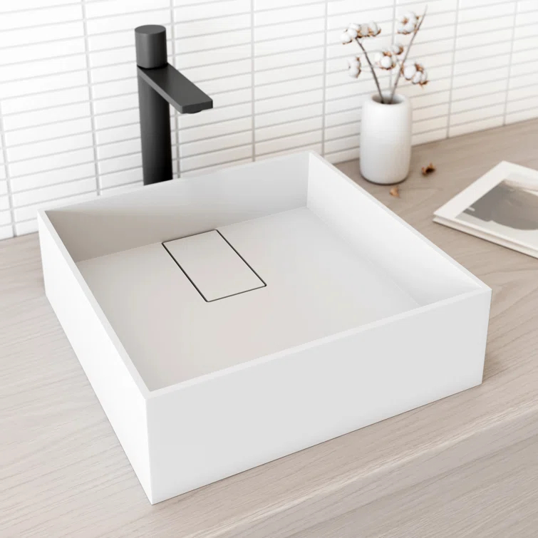 VIGO Bryant 15" L x 15" W x 5" H Matte White Handmade Square Vessel Bathroom Sink VG04021