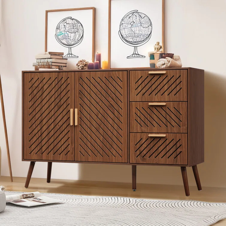 George Oliver Storage Cabinet With 3 Drawers & Double Doors, Kitchen Buffet Sideboard Cabinet,Wood Storage Organizer For Kitchen, Living Room, Dining Room, Brown & Reviews | Wayfair