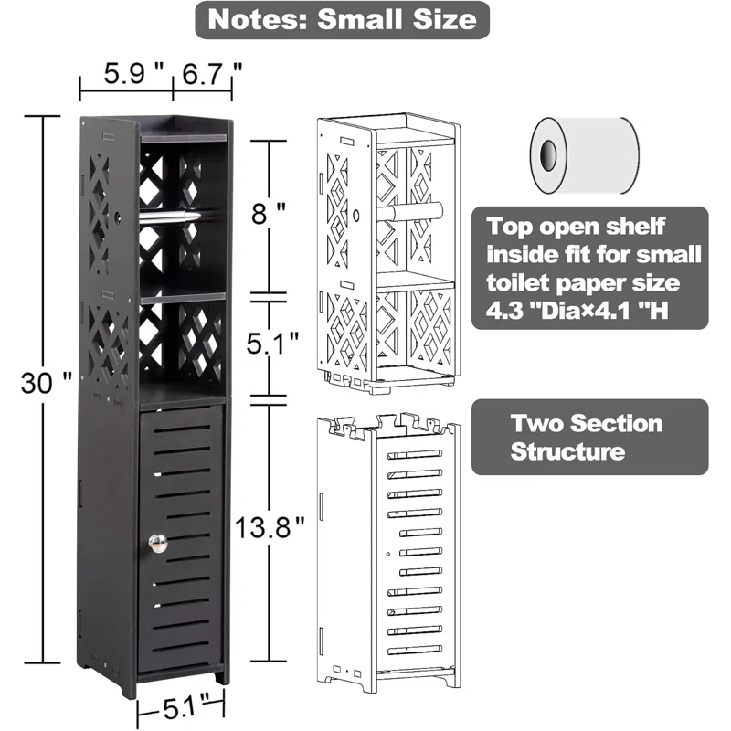 Danhires Toilet Paper Storage Cabinet,Toilet Paper Holder Stand,Bathroom Storage Cabinet With Roller,Slim Storage Cabinet For Small Space,Black