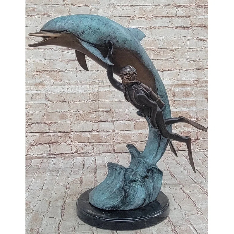 Rosecliff Heights Severy Scuba Diver  Imitative Dolphin Real Bronze Sculpture Statue Original Numbered Art By Marius