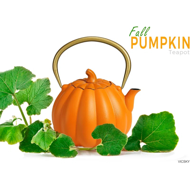 Ophelia & Co. Orange Pumpkin Cast Iron Teapot, Natural Pumpkin Color, Japanese Cast Iron Tea Kettle Stovetop Safe With Infuser, Creative Pumpkin Halloween Teapot(40Oz/1200Ml, Orange)