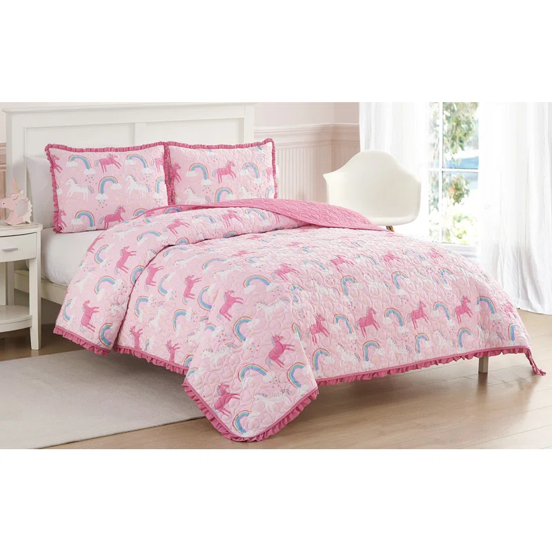 Alex + Bella ALEX + BELLA Unicorn Parade Pink Reversible Microfiber Quilt Set