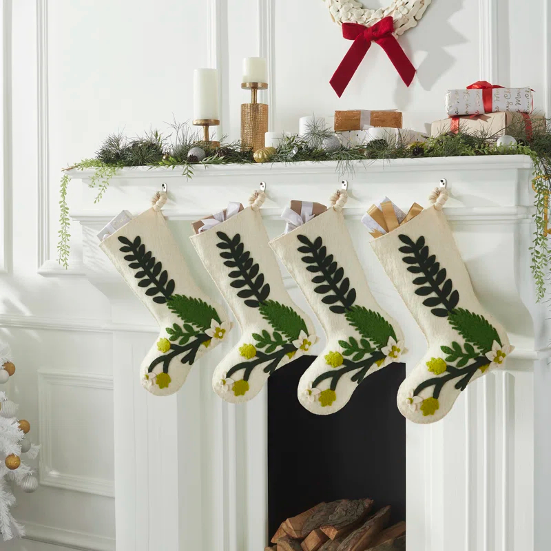 Hand Felted Wool Christmas Stocking - Green Leaves on Cream