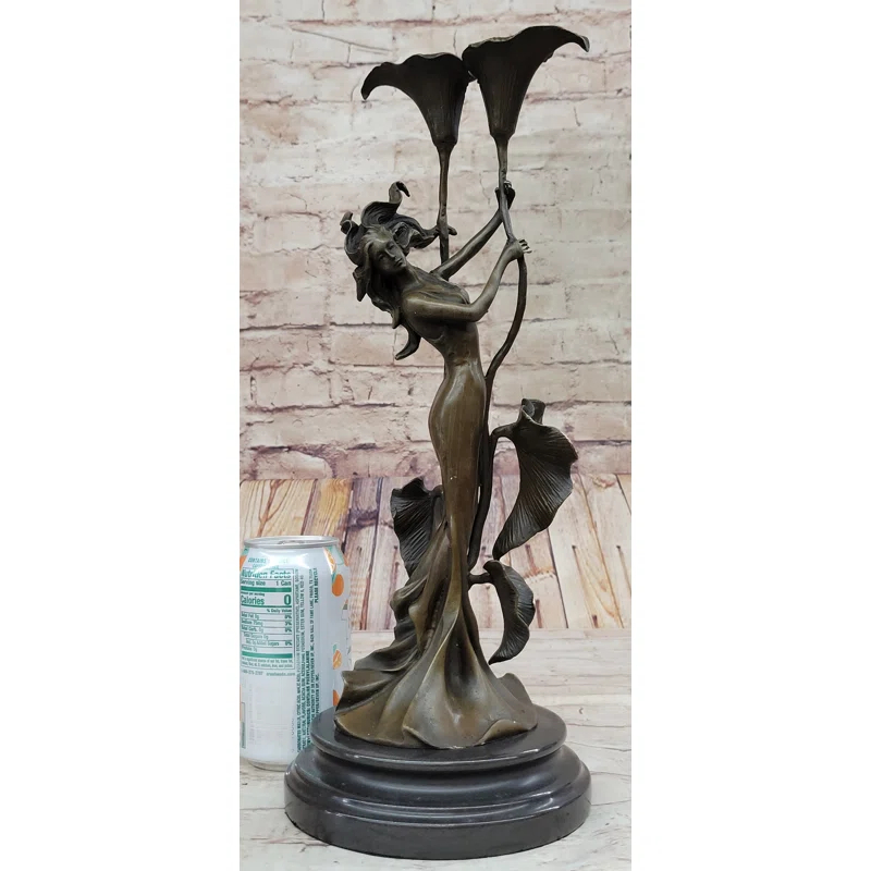 Red Barrel Studio® Walene Tulip Young Girl Candlestick Statue Bronze Art Deco Candleholder Sculpture