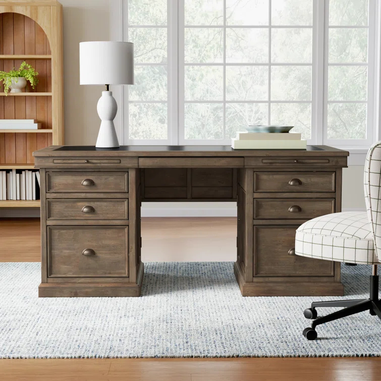 Brown Wood Executive Desk with Drawers and Filing Cabinet