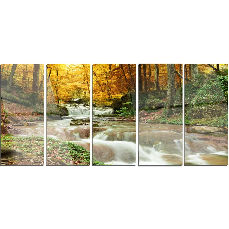Design Art " Forest Waterfall With Yellow Trees " 5 - Pieces