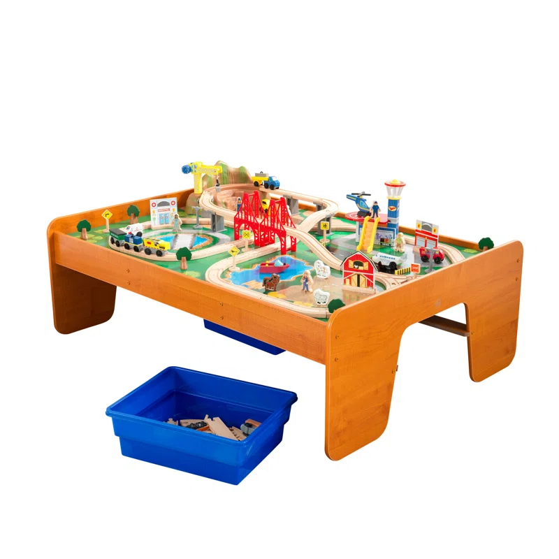 KidKraft Ride Around Town Wooden Train Set And Table With Storage Bins And 100 Pieces, Honey