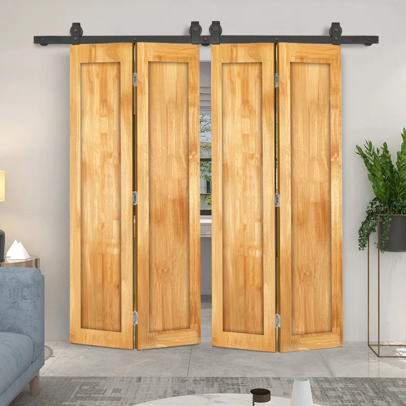 Calhome 1 Panel Shaker Pine Wood Double Bi-Fold Door with Sliding Barn Door Hardware Kit