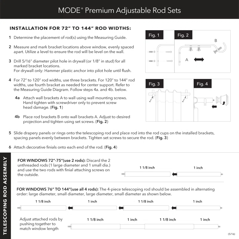 MODE Mode Premium Collection 1 1/8 in Diameter Curtain Rod, Cylinder Finials and Steel Wall Mounted Adjustable Rod