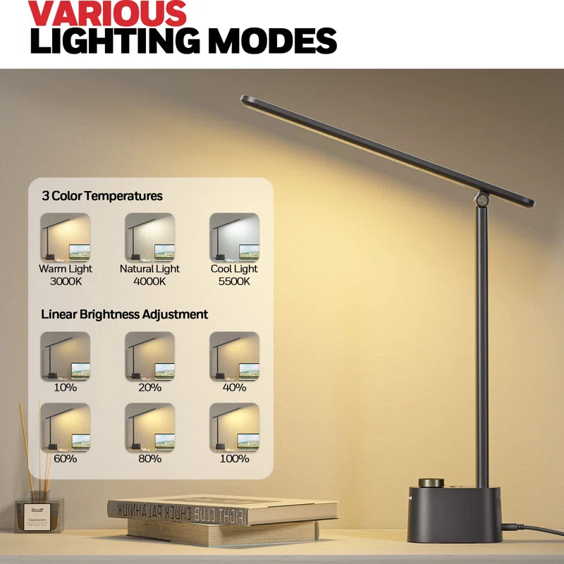 UNIVERSAL WINDOW SOLUTIONS LED Desk Lamp With USB Charging Ports HWT-H01 - Stepless Dimmable Eye Caring Desk Light For Home Office Bedroom Bedside College Dorm, Foldable Table Lamp Reading Lamp