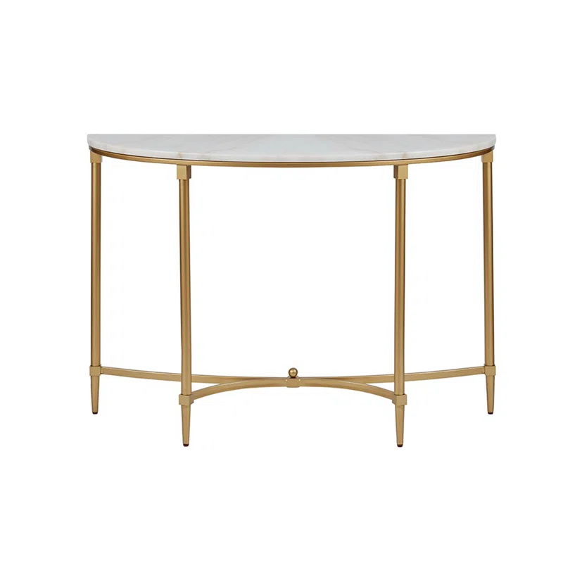 Bordeaux Marble Top Half-Moon Gold Metal Console Table