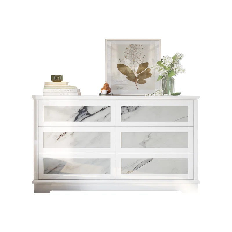 Alarriah 54" Natural Marble Highgloss 6 Drawer Dresser