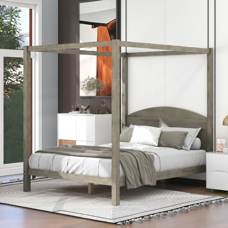 Queen Size Canopy Platform Bed With Headboard And Support Legs