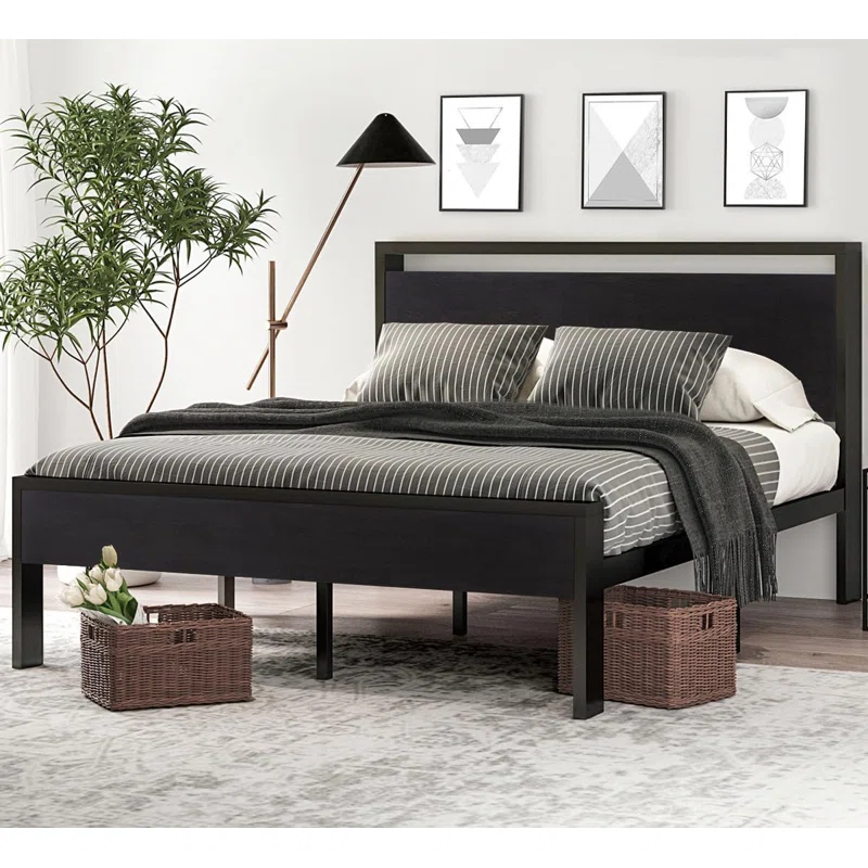 17 Stories 14 Inch Queen Size Metal Platform Bed Frame with Wooden Headboard and Footboard,No Box Spring Needed