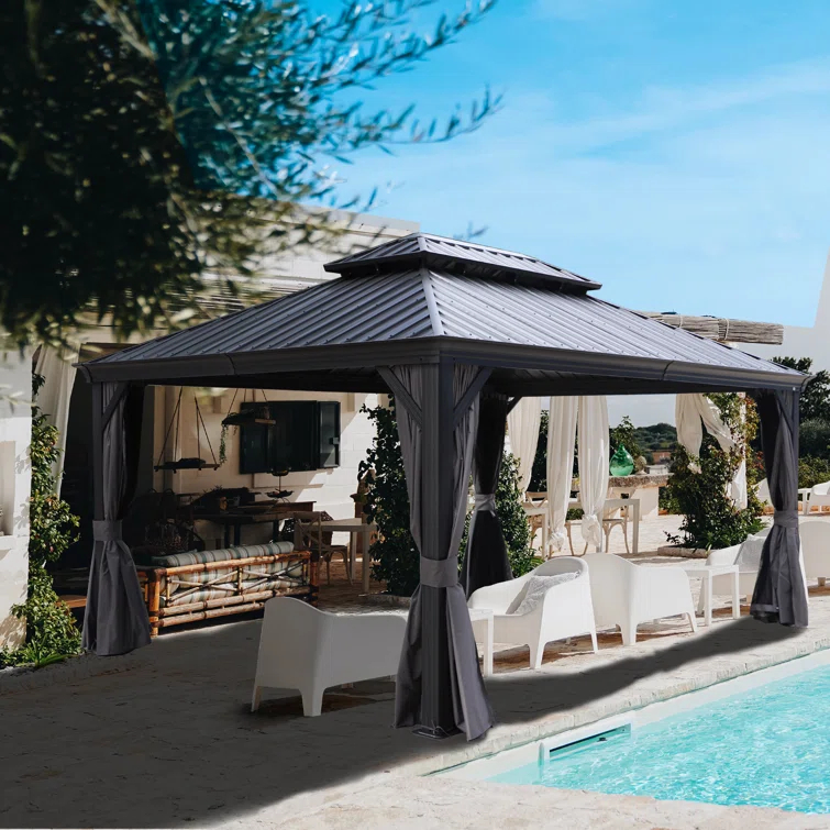 Kozyard Kozyard Alexander Gray Double Roof Hardtop Gazebo with Privacy Curtain Mosquito Netting