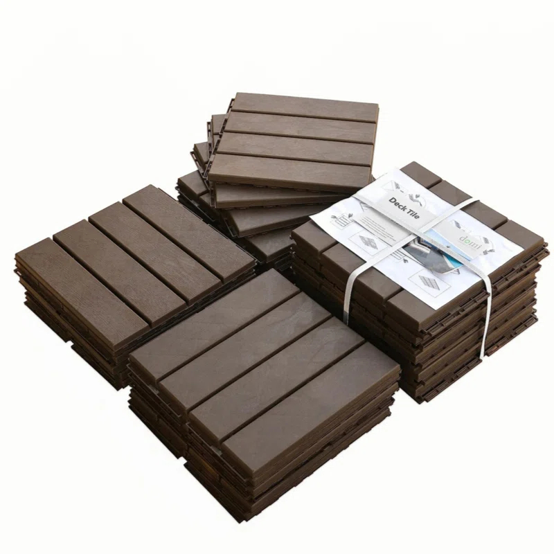 Patio Interlocking Deck Tiles, 12"X12" Square Composite Decking Tiles, Four Slat Plastic Outdoor Flooring Tile All Weather For Balcony Porch Backyard, (Dark Brown, Pack Of 44)