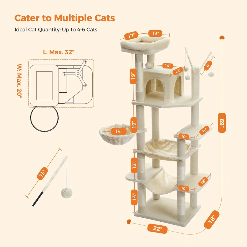 69" Tall Cat Tree Large Cat Tower With Super Big Hammock, Scratching Posts, Condo House And Large Top Perch