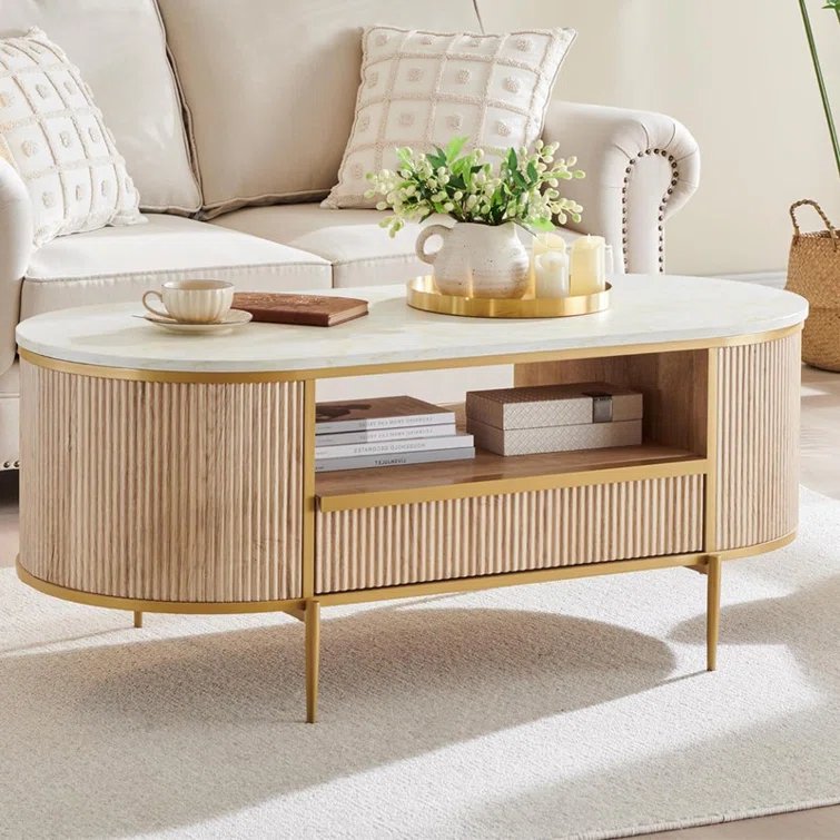 Everly Quinn Modern Fluted Coffee Table, 48" Oval Coffee Table with Drawer,Curved Profile Design,Center Table for Living Room