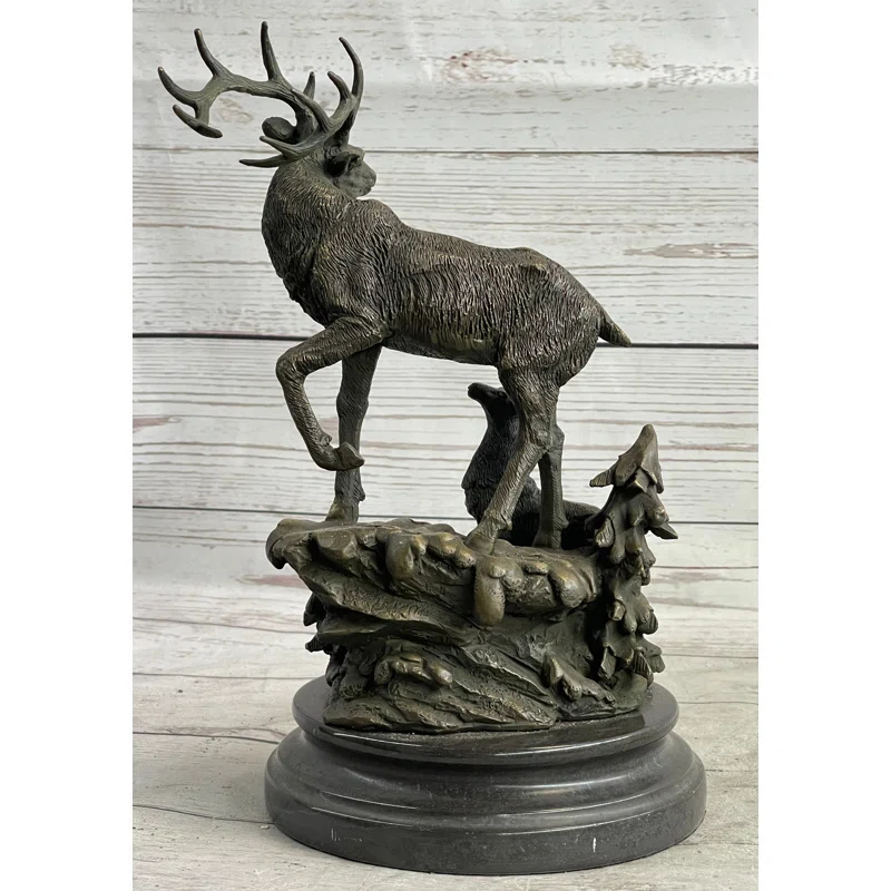 Loon Peak® Signed Original Male Stag with his Baby Fawn Bronze Sculpture Marble Base Statue