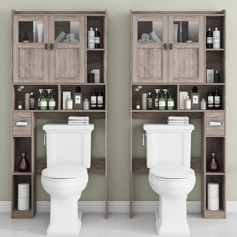 Bathroom Shelf Over Toilet with Glass Doors and Adjustable Shelves