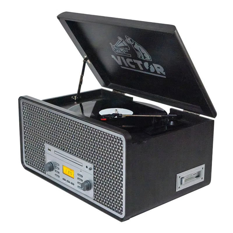 Victor 8-in-1 Wood Music Center with Bluetooth Vinyl Record Player