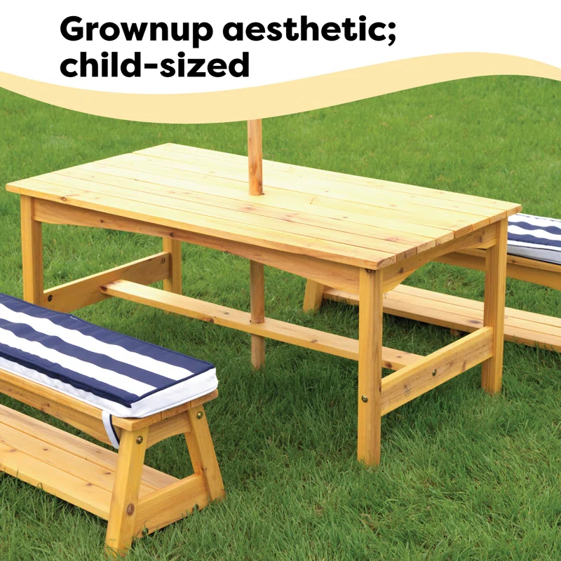 KidKraft Outdoor Wooden Table & Benches with Cushions & Umbrella, Navy