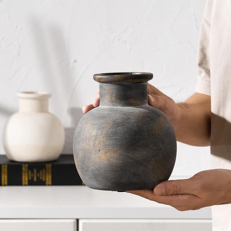 Bungalow Rose Ceramic Rustic Farmhouse Vase | 6 Inch Pottery Decorative Flower | Boho | Terracotta Vase For Home Decor Table, Living Room, Bathroom Decoration, Shelf Decor, Mantel, Bronze