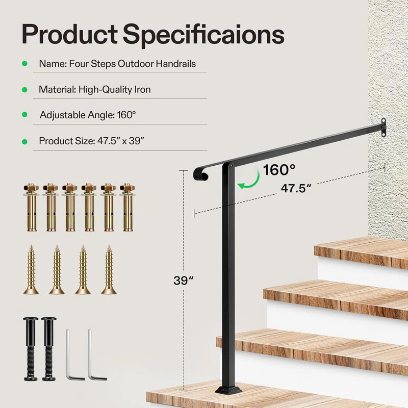 VIVOSUN 2 Step Wrought Mattle Iron Stair Handrail with Single Curved End
