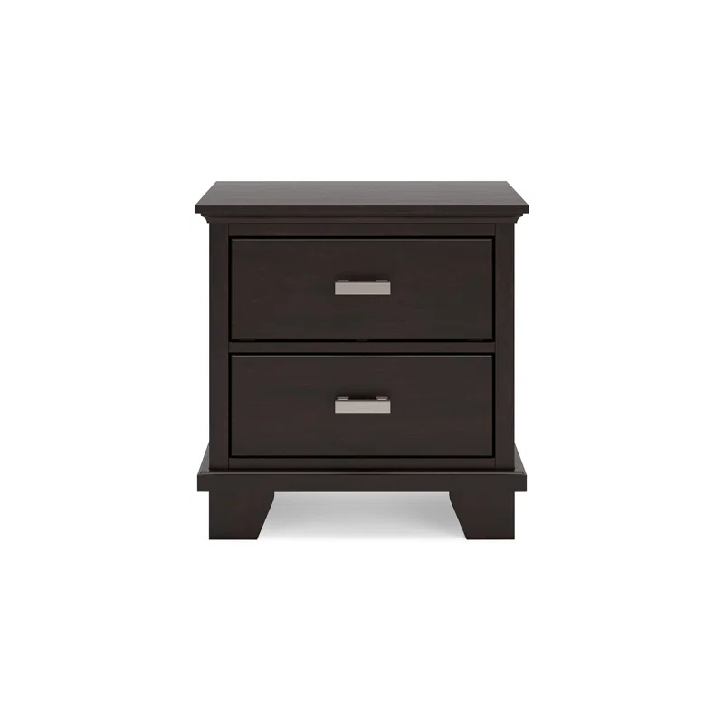Benjara Teno Nightstand, 2 Drawers, Nickel Handles, Dark Brown Solid Hardwood